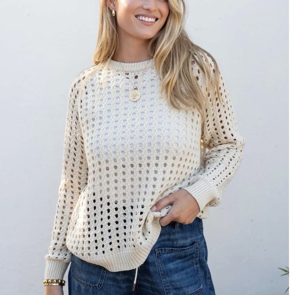 Voyageur by Mersea Sweater Size Medium Cream Amalfi Cotton Crochet Open Knit